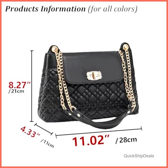 Quilted Shoulder Bag with Gold Chains and Rhinestone Clasp